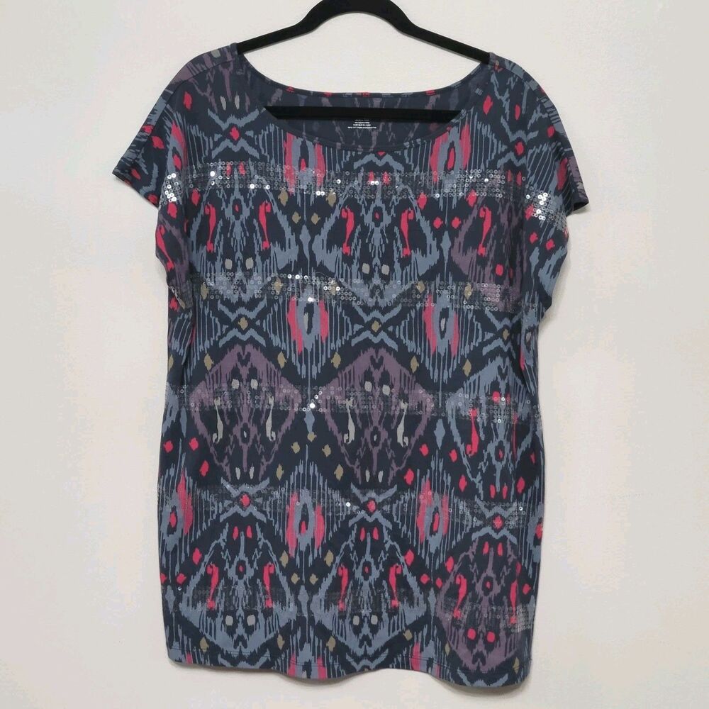 DKNY Jeans Women’s XL Gray Sequin Geometric Print Top Short Sleeve Relaxed Fit